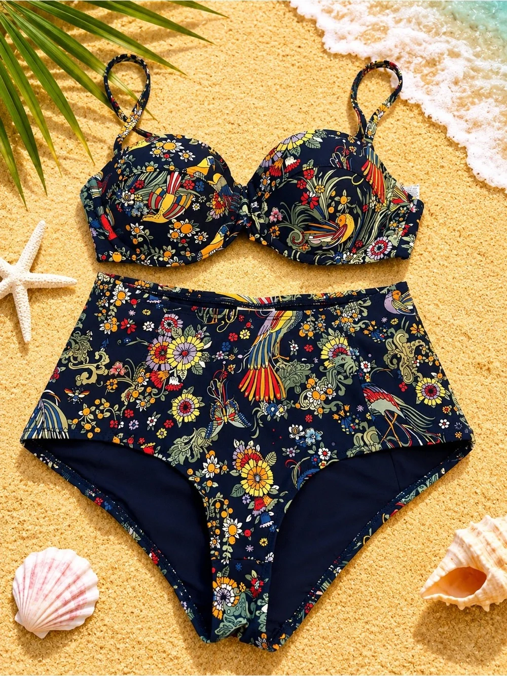 Tory Burch Navy Floral High-Waist Bikini Set. XS